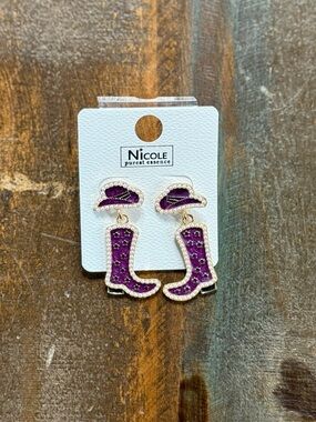 Nicole Purest Essence Purple & Rhinestone Dangle Cowboy Boot Earrings NWT